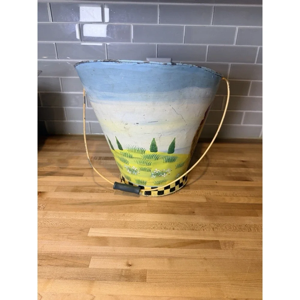 Vintage Rooster Metal Coal Scuttle Bucket Farmhouse Hand Painted Checkered 11in